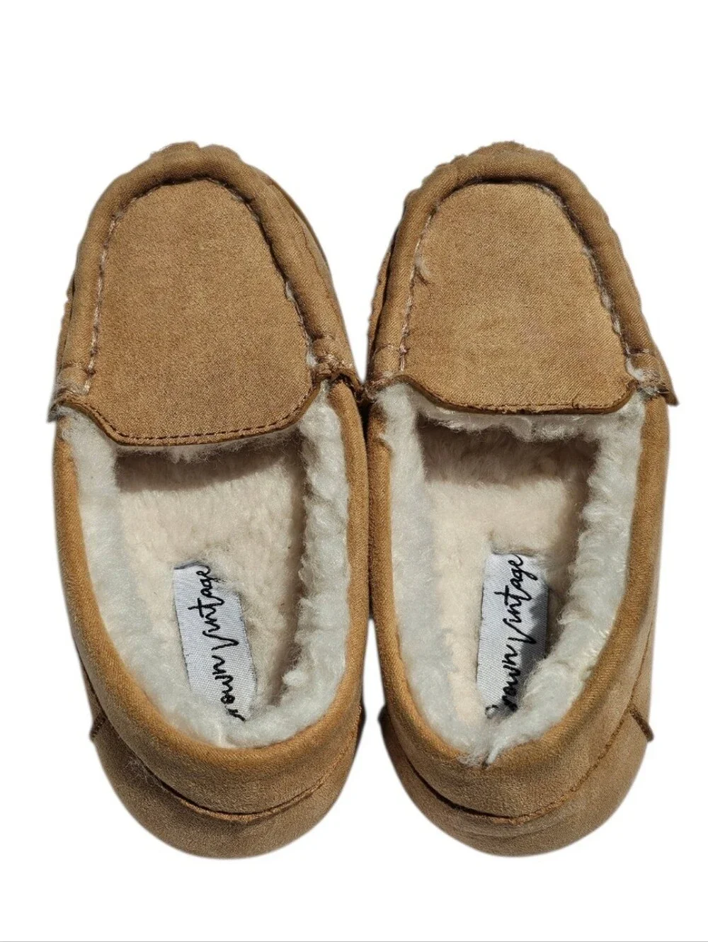 Crown Vintage Kids Tan Faux-Suede Fur Lined Moccasin Slippers Size 9